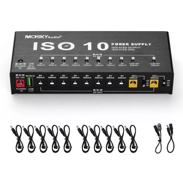Mosky ISO 10 Outputs Guitar Effect Pedal Board Power Supply 9V 12V 18V Cables UK