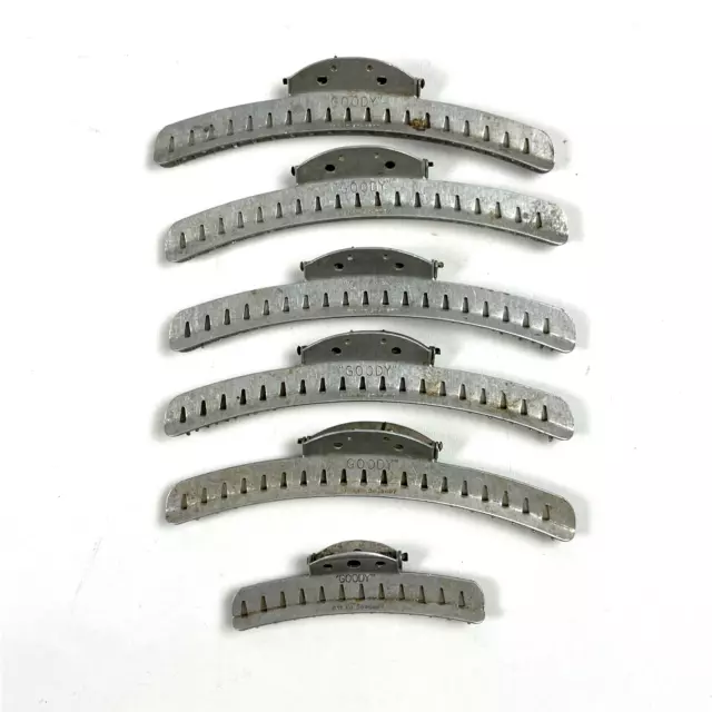 Lot of 6 Vintage Goody Gray Metal Styling Hair Clips 5" 3" Silvertone Worn Flaw