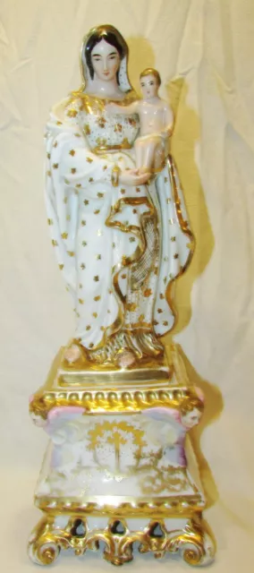 RARE VIERGE MARIE & JESUS PORCELAINE DE PARIS  & OR STATUE ANCIENNE 19ème siècle