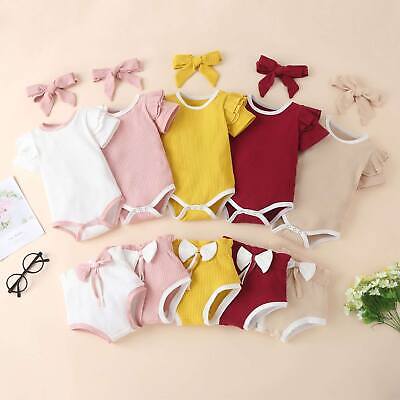 Baby Girls Lovely Ribbed Outfit Set Ruffle Romper Bowknot Shorts Headband Suit