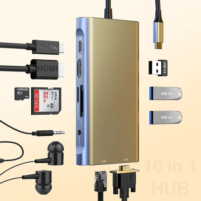 USB C Hub, 10 in 1 Type C Hub Adapter, USB C Docking Station with Gigabit Eth...
