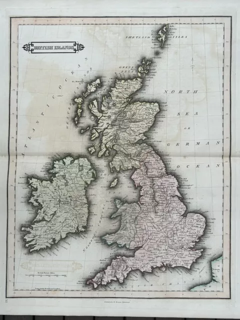 1828 British Isles by Daniel Lizars Large Hand Coloured Antique Map