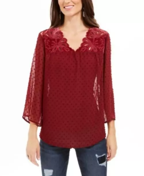 MSRP $60 Style & Co Mixed-Media Sheer-Sleeve Blouse Red/Plum Size Large