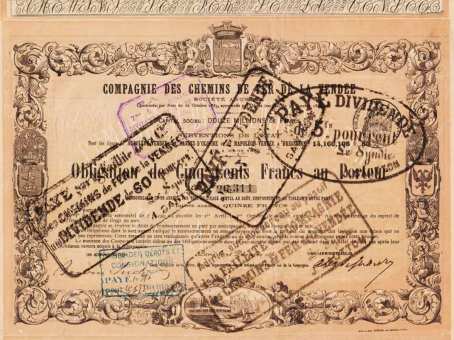 Compagnie Des Chemins De Fer De La Vendee - Obligation 500 Francs 1869 - France