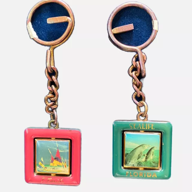 2 Florida Swivel Key Chain Rings Vtg 1 In Souvenir Charms Palms Dolphin Boats