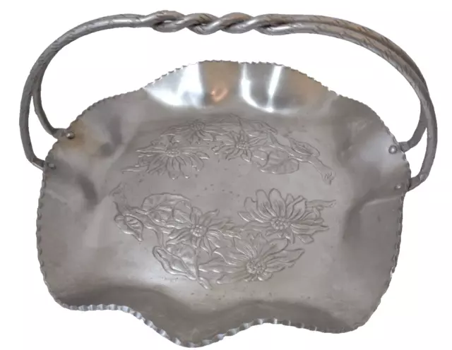 Vintage Hammered Aluminum Round Serving Tray Etched Floral Twist Handle 11"