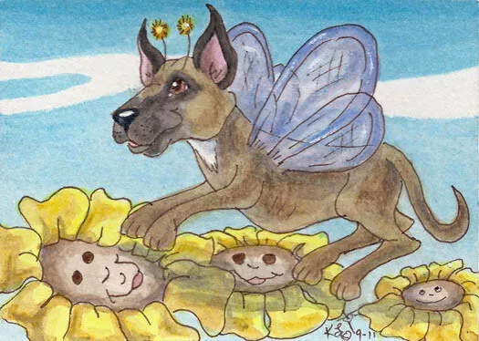 original ACEO Great Dane dog Fly bug Puppy Loberg Fantasy animal Mini Art flower