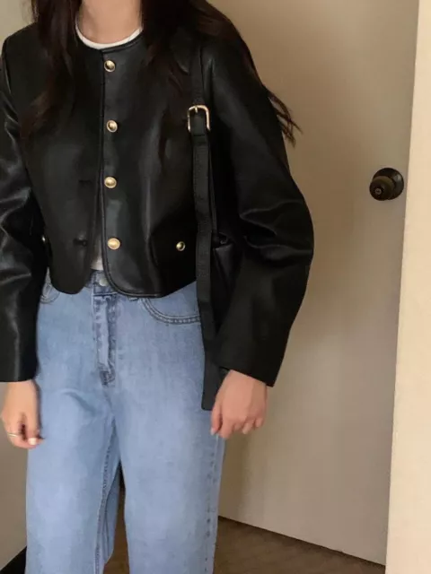 Lady Korean Style Single Breasted PU Leather Coats Short Round Neck Biker Jacket 3