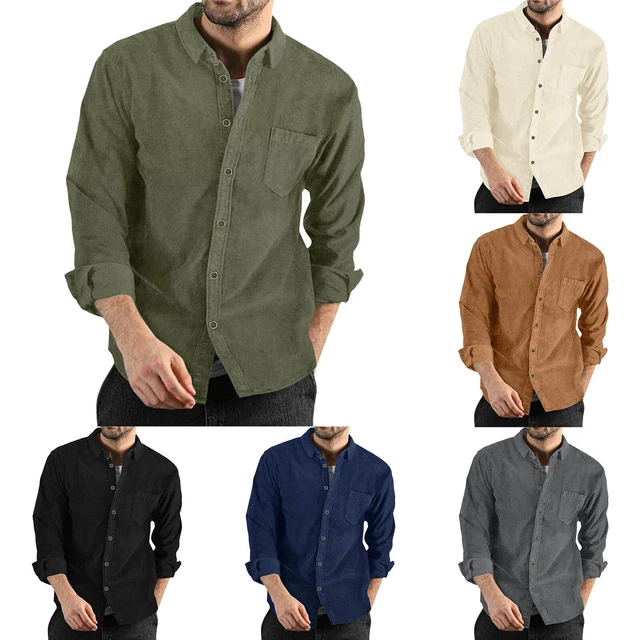 Mens Corduroy Turn Down Collar Blouse Loose Work Casual Long Sleeve Shirts