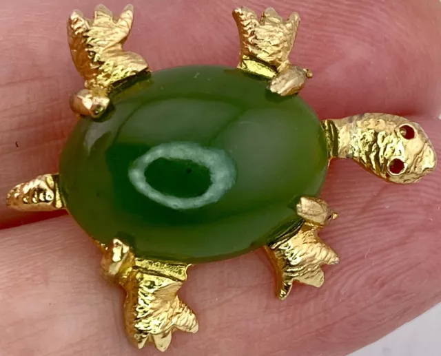 Vintage Jadeite And Ruby Turtle Brooch Green Jade Natural Gemstone Figural Pin