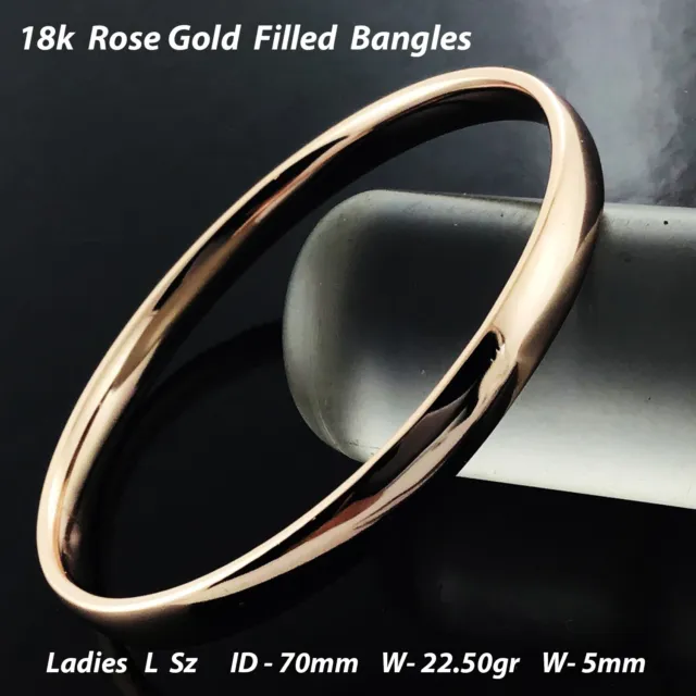 5mm Bangle Real 18k Rose Gold Filled Solid Cuff Bracelet Ladies Large Sz 70mm