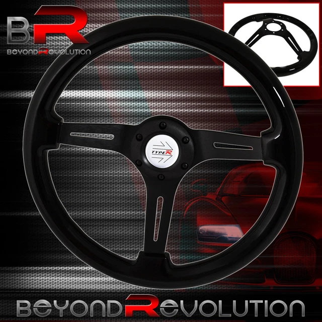 Type-R Jdm Horn Button + 345mm Black Wood Black Center Deep Dish Steering Wheel