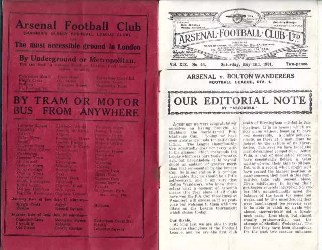 1930/31 Arsenal (Champions) v Bolton Wanderers Football League Division 1 2