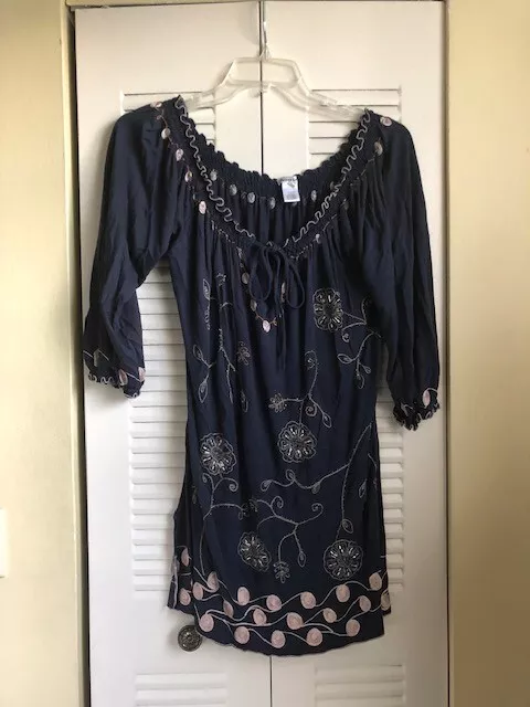 Krista Lee Sz L Navy Floral Embroidered Beaded Bell Sleeve Tunic Top ~EUC~