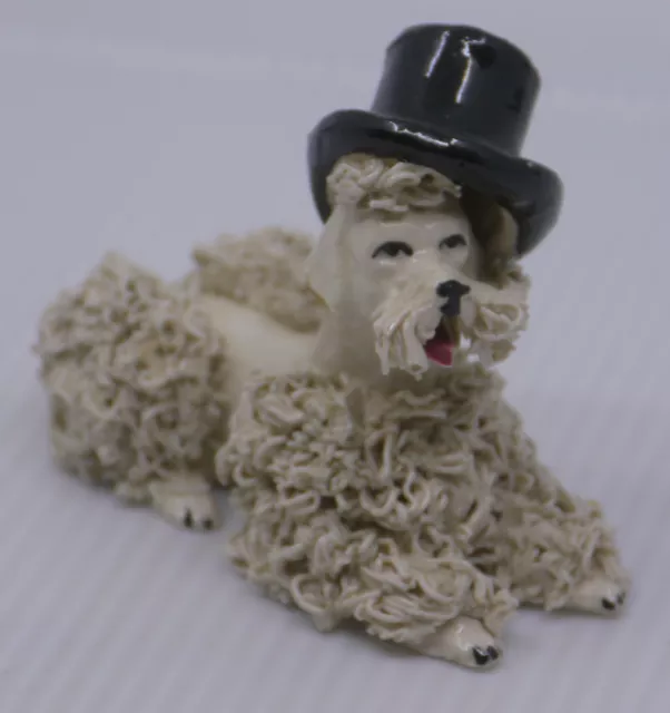 Vintage Spaghetti White Poodle Dog With Black Top Hat Figurine, Japan, 3.75 In.