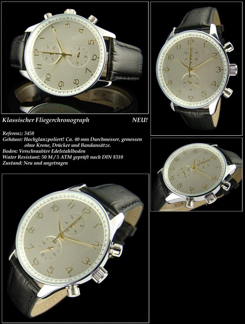 Aviator Men's Watch Chronograph 5 BAR Waterproof 40mm Diameter Leather Band