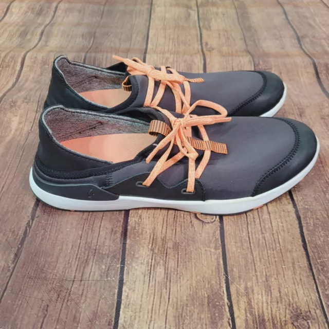 Olukai Womens Shoes Black 9.5 Miki Li Sneakers Slip On Low Top Leather Fabric