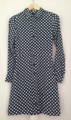 Topshop fit and flare navy with white spots button front dress, size 6