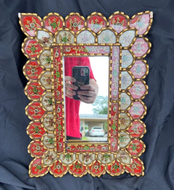 Vintage Decorative Reverse Hand Painted Glass and Wood Wall Wooden Mirror Frame