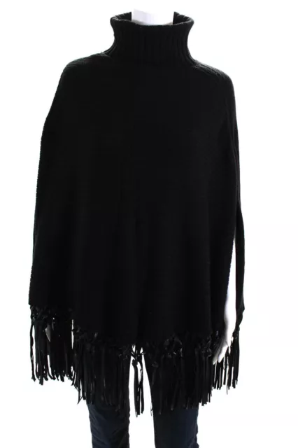 Neiman Marcus Womens Faux Leather Fringe Hem Turtleneck Poncho Black Size S/M