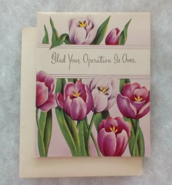 VINTAGE GET WELL Soon Card Pink Purple Tulips Flowers Envelope