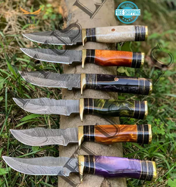 Custom HAND FORGED DAMASCUS STEEL HUNTING Knife BULK Resin & Brass Guard Handle