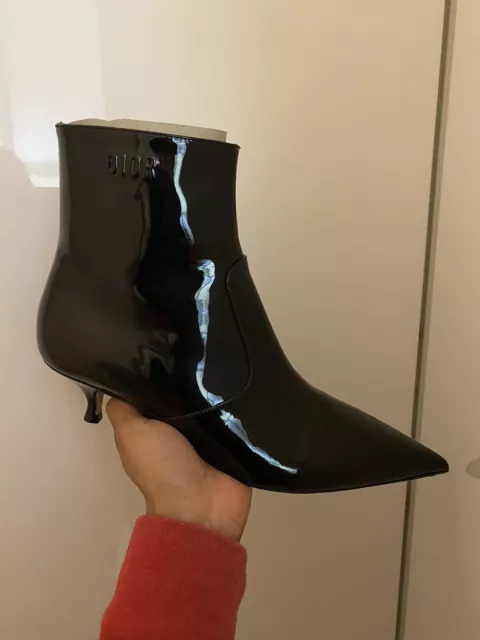 61831 auth CHRISTIAN DIOR black patent leather Kitten Hee Ankle Boots Shoes 35