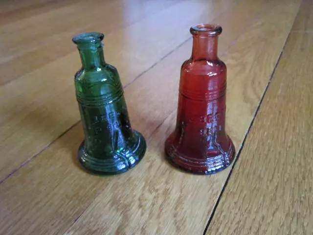 Vtg Liberty Bell Glass Bottles Marked RED Wheaton NJ & GREEN Conesco Taiwan ROC