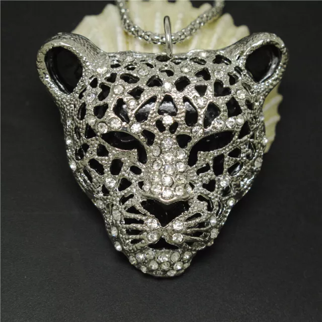 Hot Betsey Johnson Silver-plated Leopard Head Crystal Pendant Chain Necklace