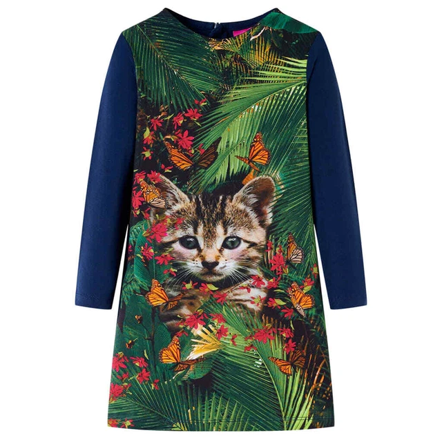Abito da Bambina a Maniche Lunghe con Stampa Gatto Verde Scuro 128 vidaXL