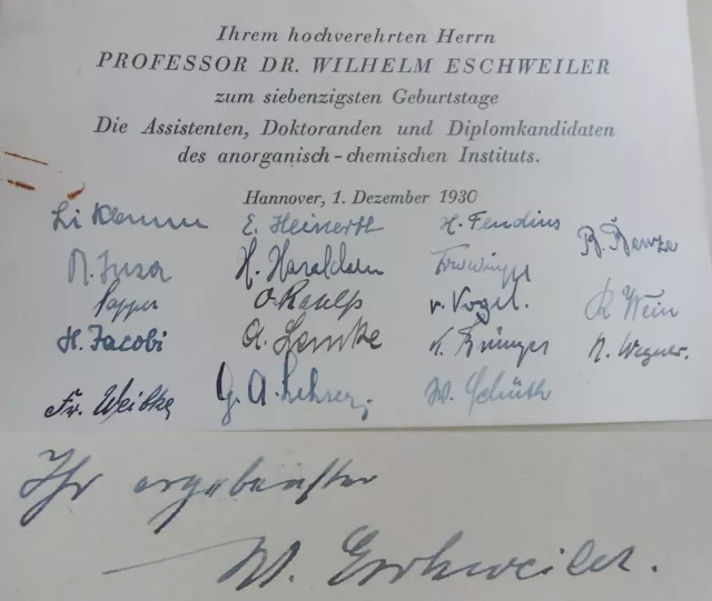 Félicitations Hannover 1930: Chemie-Doktoranden → Chimiste Wilhelm Eschweiler