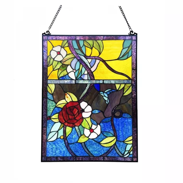 Stained Glass Tiffany Style  Window Panel Rose Flower Floral Design 25"H