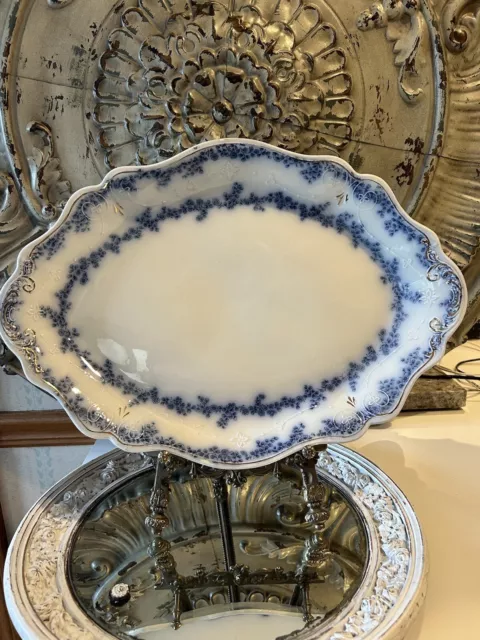 W.H.Grindley Antique England Aldine Pattern Flow Blue China Large Oval Platter