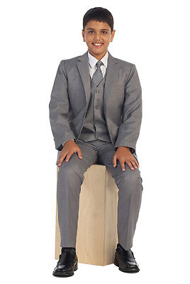Magen Boys light gray SLIM FIT suit 7 pc set coat,vest,pant,shirt,clip tie,bow