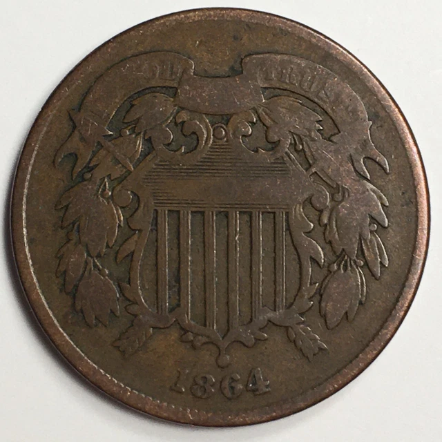 1864 United States 2 Cent Piece - Fine (F) Large Motto KM#94 - 4993