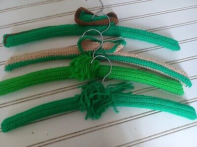 Lot of 4 Vintage Old  Hand Crocheted / Knitted Wooden Coat Hangers Multicolor
