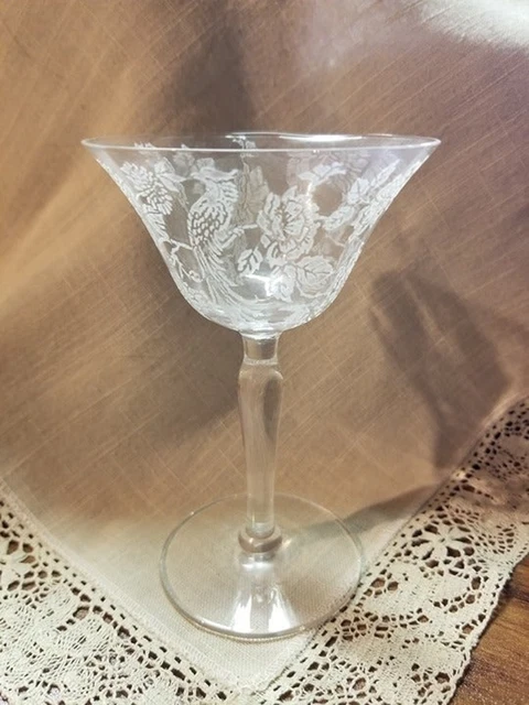 Morgantown etched peacock glasses