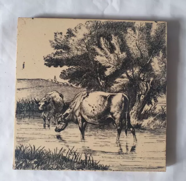 Charming Minton Pastoral Cow Scene Antique 6 Inch Tile, Circa 19Th Century