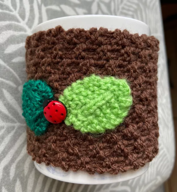Hand Knitted Brown Mug Cosy With Cute Ladybird Button