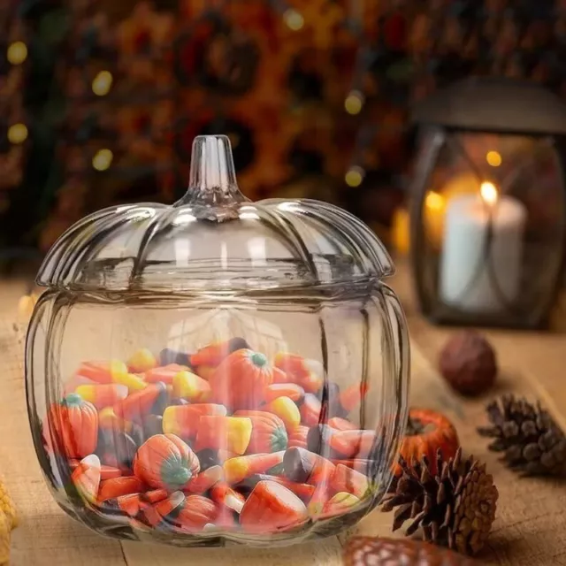 BNIBAutumnal Clear Glass Pumpkin Storage Jar With Lid Halloween Sweet Cookie Jar
