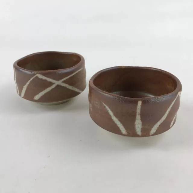 Japanese Ceramic Green Tea Bowl 2pc Set Vtg Pottery Matcha Brown Chawan Sado PX6