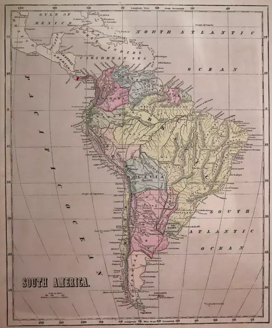 Old (Lg13x16) 1856 Morse Atlas Map ~ SOUTH AMERICA ~Free S&H   ~Inv#437