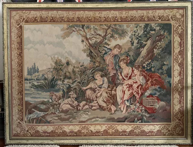 Aubusson Style Wool Tapestry French Scene Lambs Goats Women Hand Woven 66” X 51”