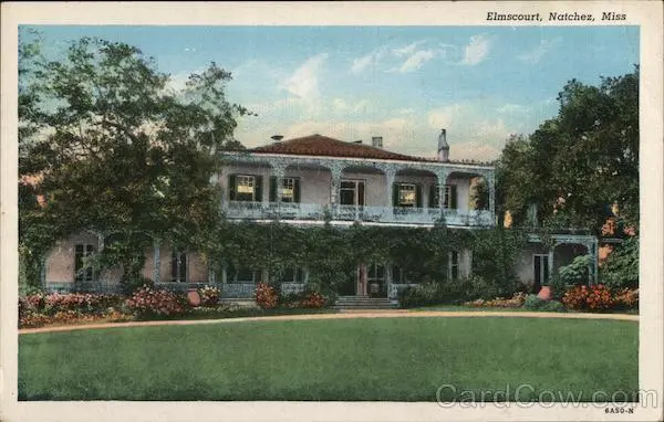 1945 Natchez,MS Elmscourt Teich Adams County Mississippi Linen Postcard 1c stamp