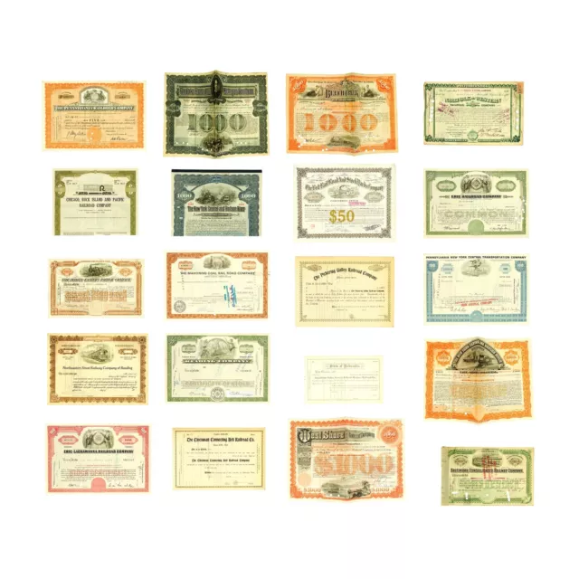 20 diff. Old USA Railroads Stocks and Bonds Certificates Nice Used Incredible