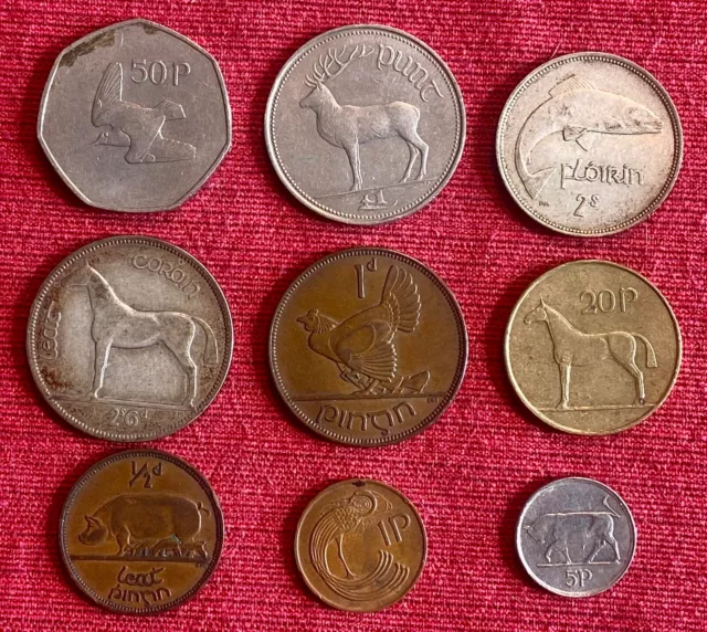 Lot of 9 Older Irish Coins: 1928 - 1996; VF to AU