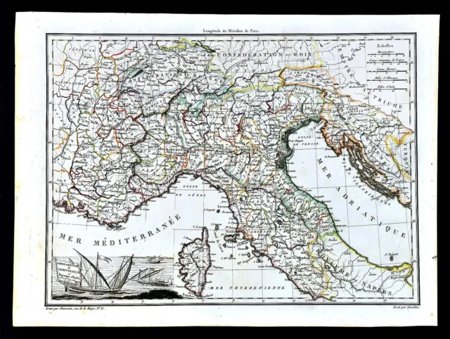 1812 Malte Brun Lapie Map North Italy Swiss Confederation Florence Venice Milan