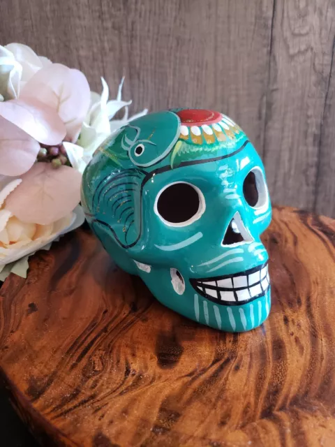 Hand Painted Green/Red/Purple Clay Day of the Dead Skull Figurine/Lantern