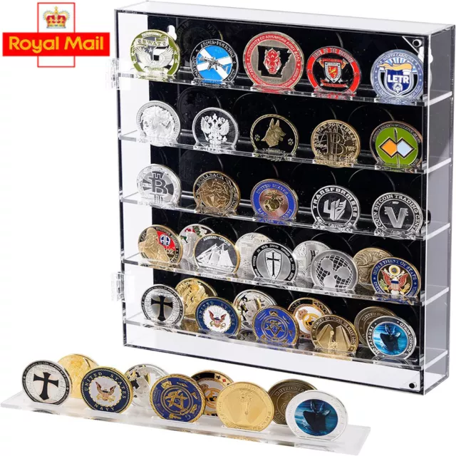 Military Challenge Coin Pin Medal Display Case Cabinet Wall Rack w/Magnetic Door