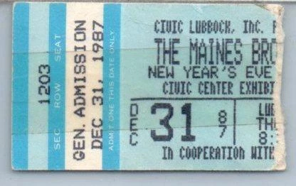 Vintage Maines Brothers Ticket Stub December 31 1987 Lubbock Texas
